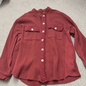 Red Button-Up Waffle Knit Shirt